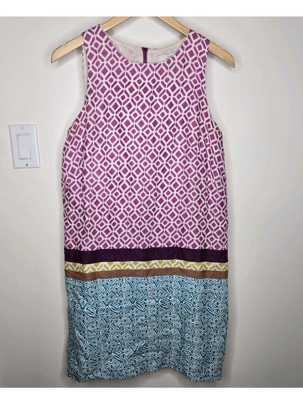 LOFT Sleeveless 100% Linen Patterned Colorblock Summer Dress Size 10